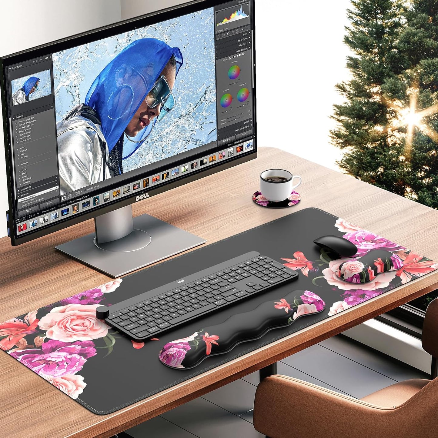 Professional Mouse Pad Set: Desk Mat, Mouse Pad with Wrist Rest, Keyboard Wrist Rest, and Coaster - Stitched Edge and Non-Slip Base for Work and Gaming, Peony Flower Design