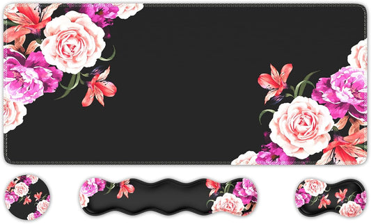 Professional Mouse Pad Set: Desk Mat, Mouse Pad with Wrist Rest, Keyboard Wrist Rest, and Coaster - Stitched Edge and Non-Slip Base for Work and Gaming, Peony Flower Design
