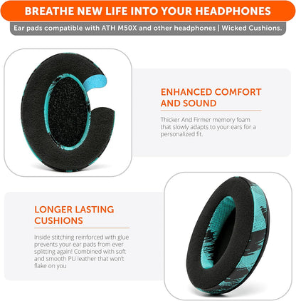 Padz Velour Earpads by Wicked Cushions - Premium Upgrade for Audio Technica, HyperX, and SteelSeries Arctis - Extra Thick Design with Enhanced Opening and Soft Memory Foam | Speed Racer Cyan