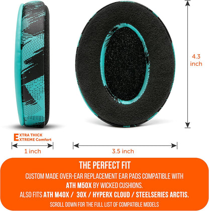 Padz Velour Earpads by Wicked Cushions - Premium Upgrade for Audio Technica, HyperX, and SteelSeries Arctis - Extra Thick Design with Enhanced Opening and Soft Memory Foam | Speed Racer Cyan