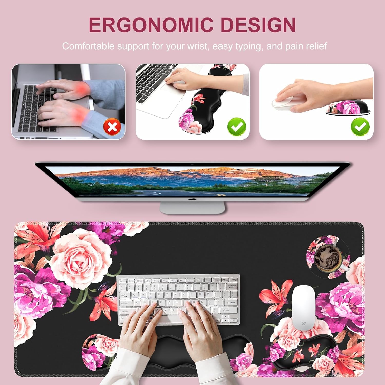 Professional Mouse Pad Set: Desk Mat, Mouse Pad with Wrist Rest, Keyboard Wrist Rest, and Coaster - Stitched Edge and Non-Slip Base for Work and Gaming, Peony Flower Design
