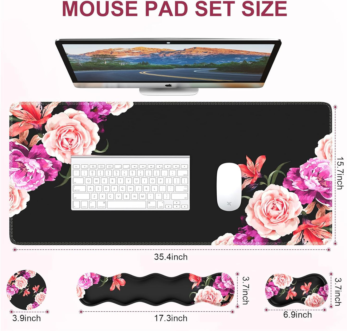 Professional Mouse Pad Set: Desk Mat, Mouse Pad with Wrist Rest, Keyboard Wrist Rest, and Coaster - Stitched Edge and Non-Slip Base for Work and Gaming, Peony Flower Design