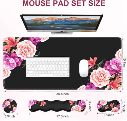 Professional Mouse Pad Set: Desk Mat, Mouse Pad with Wrist Rest, Keyboard Wrist Rest, and Coaster - Stitched Edge and Non-Slip Base for Work and Gaming, Peony Flower Design