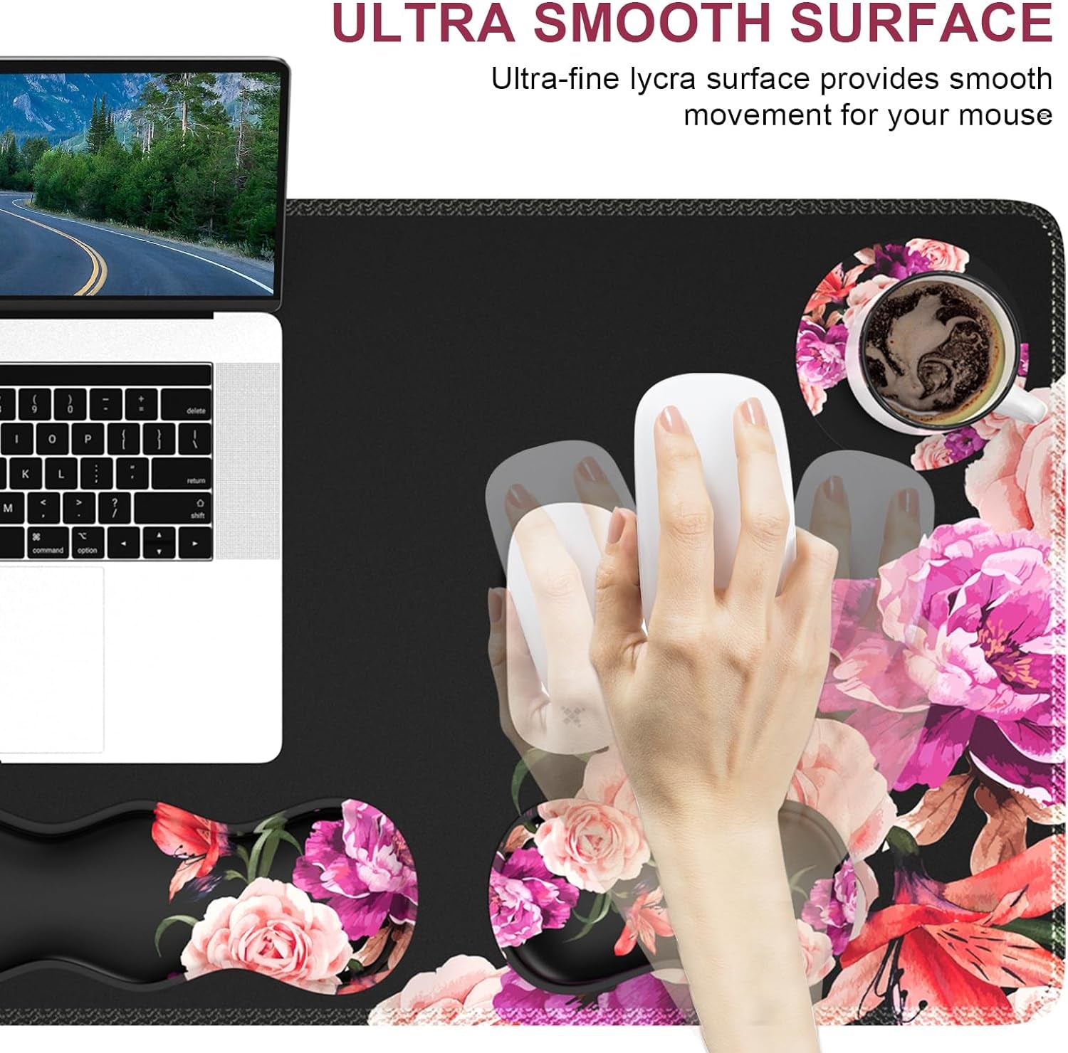 Professional Mouse Pad Set: Desk Mat, Mouse Pad with Wrist Rest, Keyboard Wrist Rest, and Coaster - Stitched Edge and Non-Slip Base for Work and Gaming, Peony Flower Design