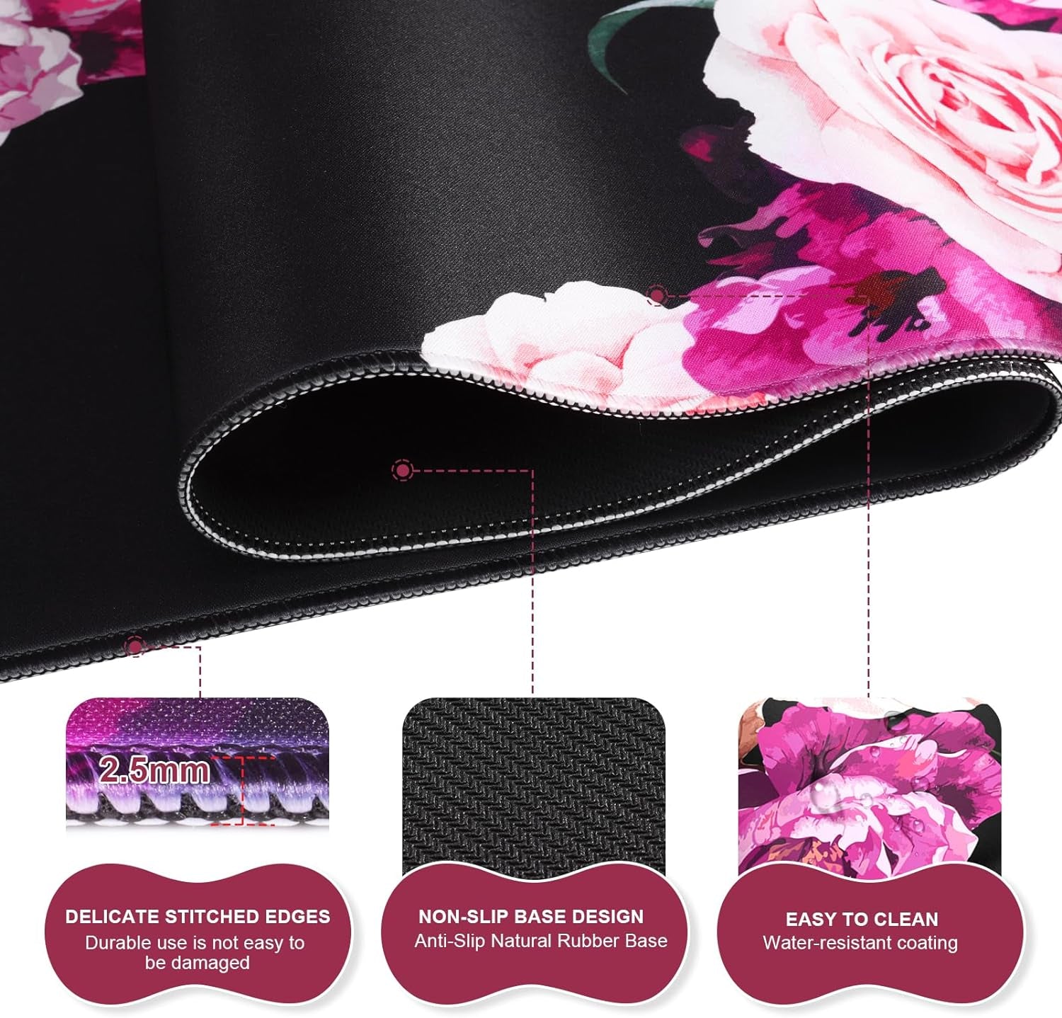 Professional Mouse Pad Set: Desk Mat, Mouse Pad with Wrist Rest, Keyboard Wrist Rest, and Coaster - Stitched Edge and Non-Slip Base for Work and Gaming, Peony Flower Design