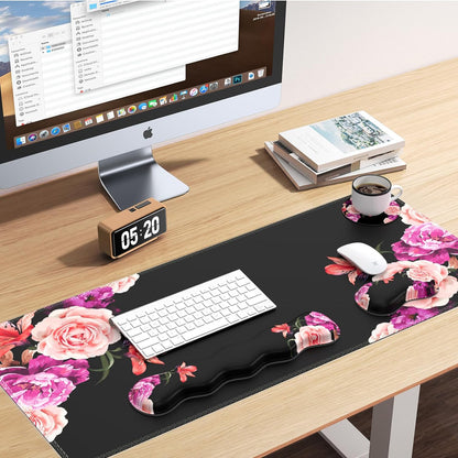 Professional Mouse Pad Set: Desk Mat, Mouse Pad with Wrist Rest, Keyboard Wrist Rest, and Coaster - Stitched Edge and Non-Slip Base for Work and Gaming, Peony Flower Design